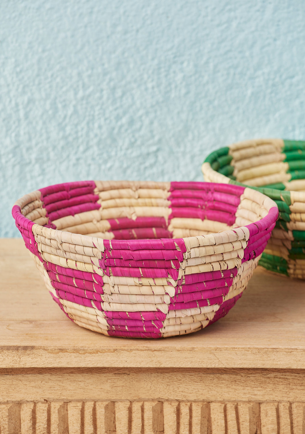 Namaste Check Date Palm Basket Bowl Pink