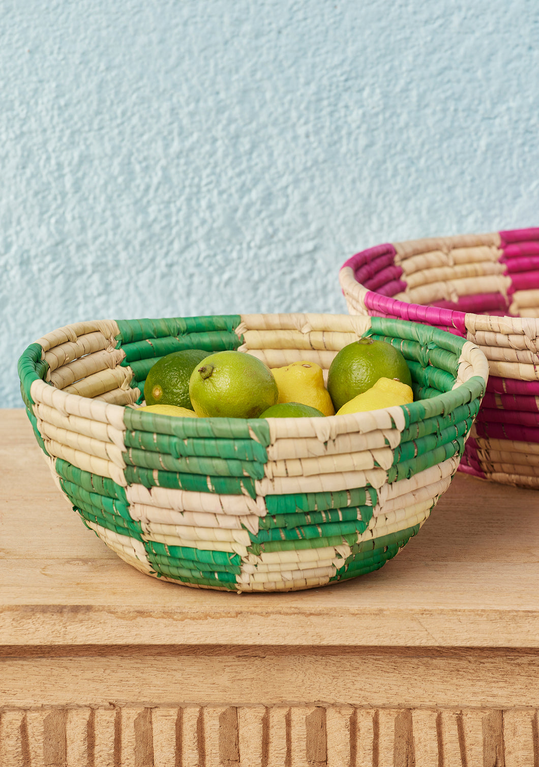 Namaste Check Date Palm Basket Bowl Green