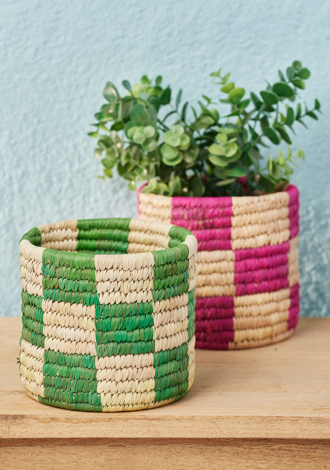 Namaste Check Date Palm Basket Pot Green
