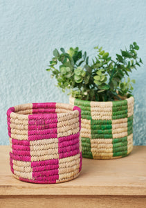 Namaste Check Date Palm Basket Pot Pink