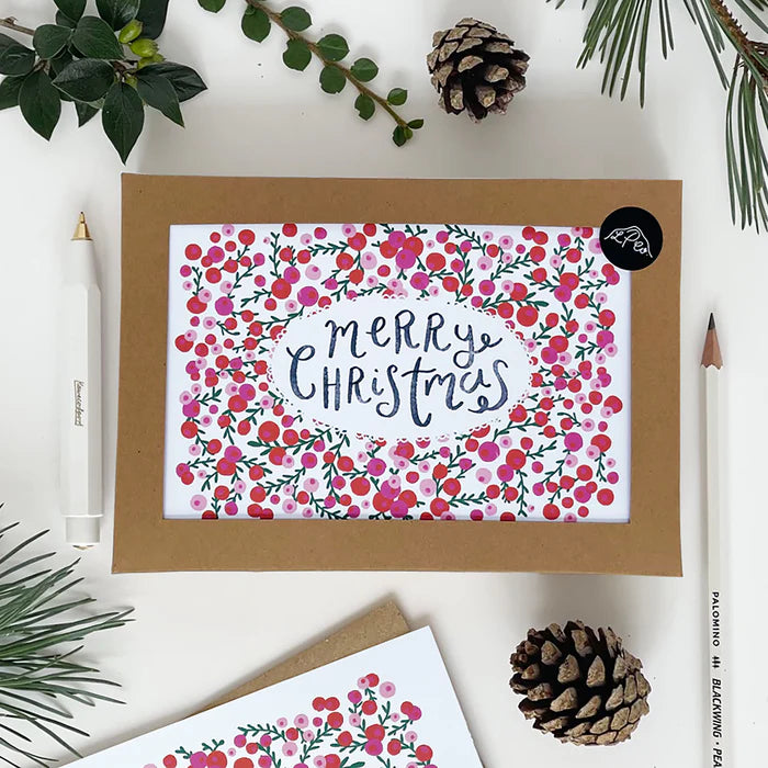 Lomond Paper Co Merry Christmas Pink + Red Berries 8 Cards