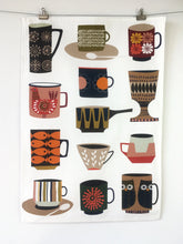 Load image into Gallery viewer, Tea towel - &#39;Retro Cups&#39; (pink/ochre)
